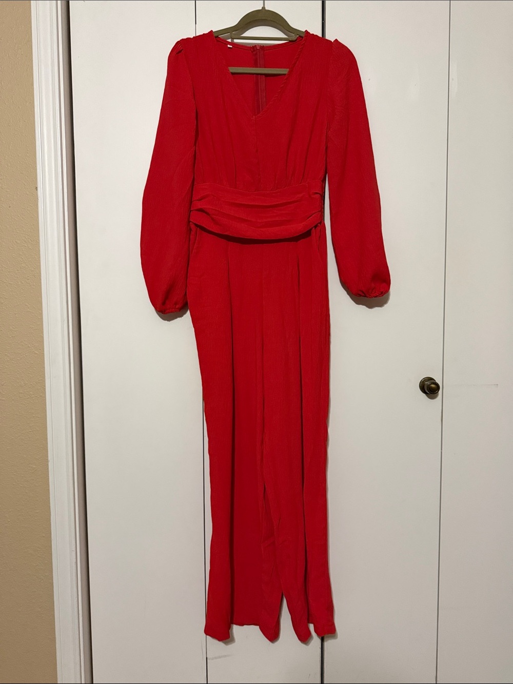 Red Long Sleeve V-Neck Jumpsuit